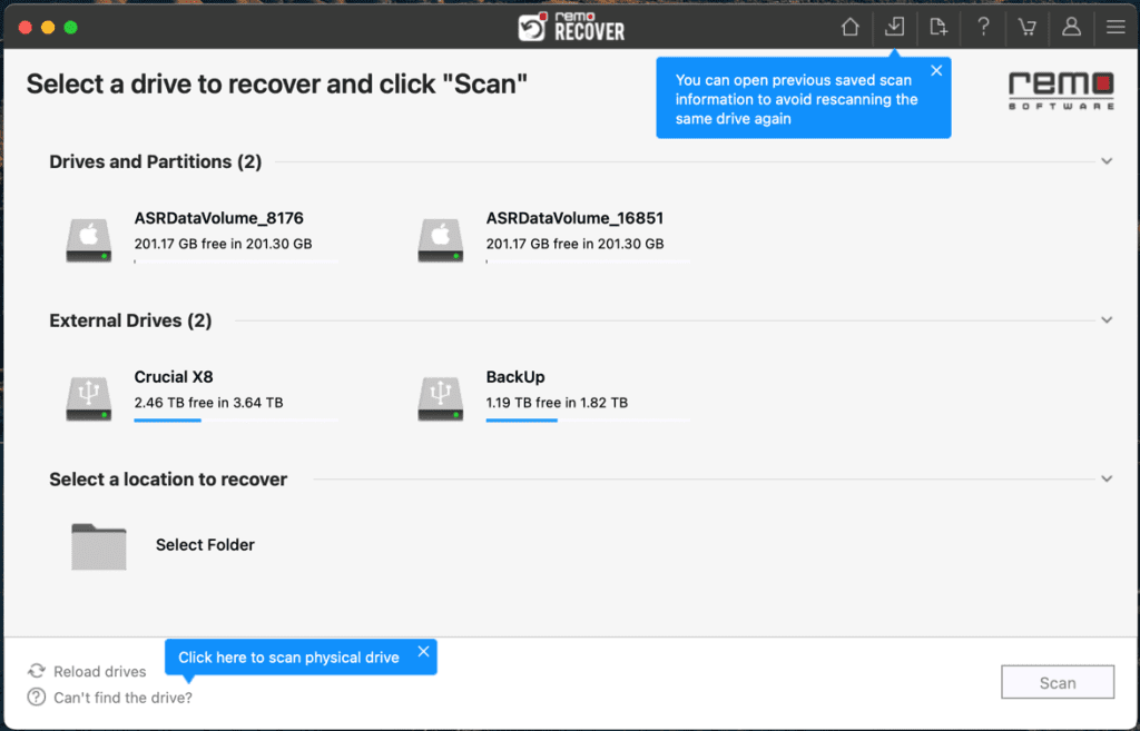 select the drive from where you want to recover the can't find recently deleted photos on mac and click on the scan option
