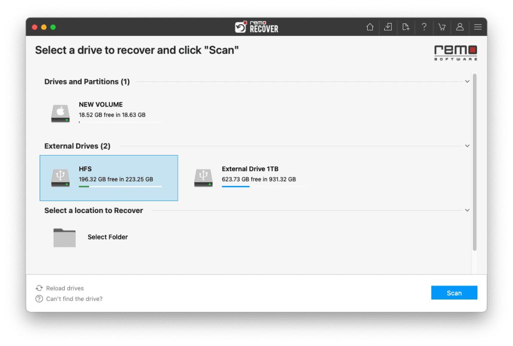 삭제된 파일을 복구하려면 Mac 외부 하드 드라이브를 선택하세요.