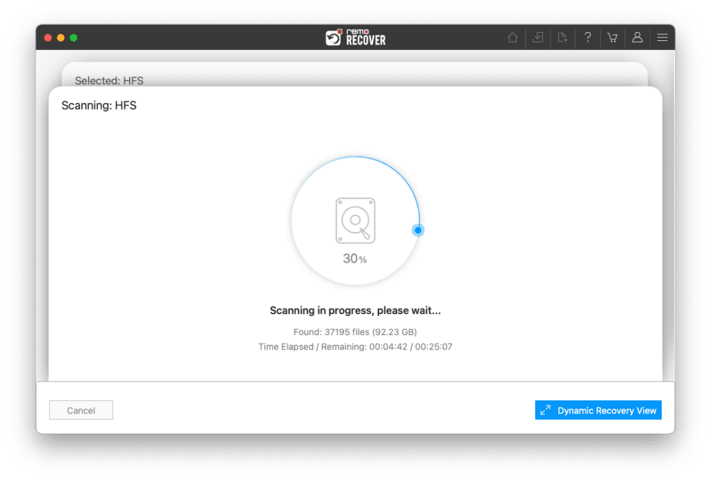 click on the dynamic recovery view option to view the deleted mac file recovery process