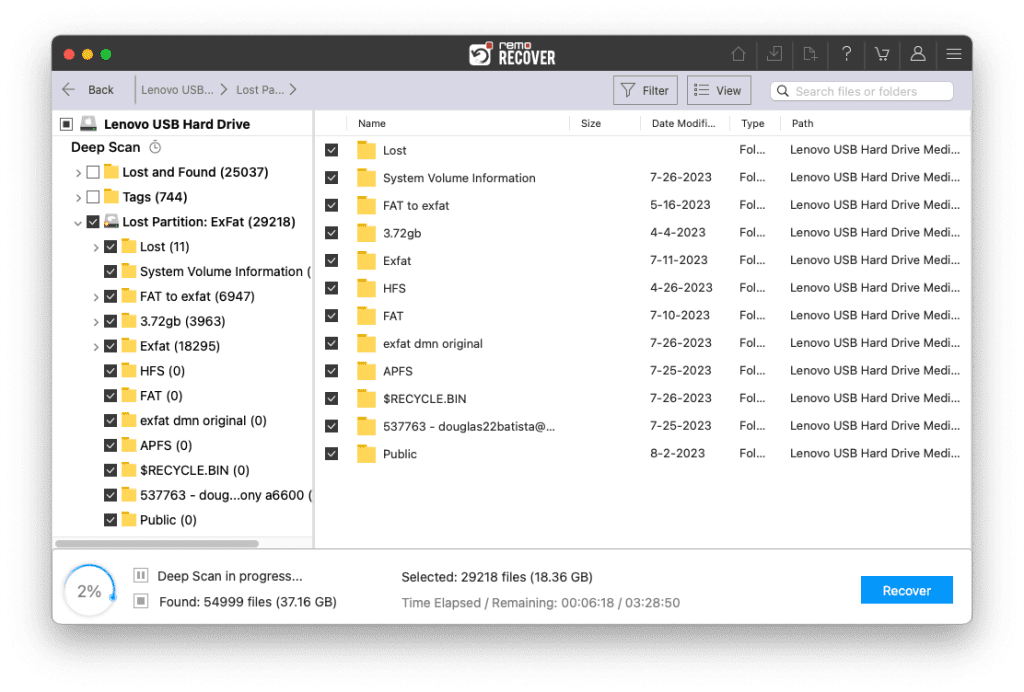 손상된 Mac 하드 드라이브에서 복구된 파일 목록