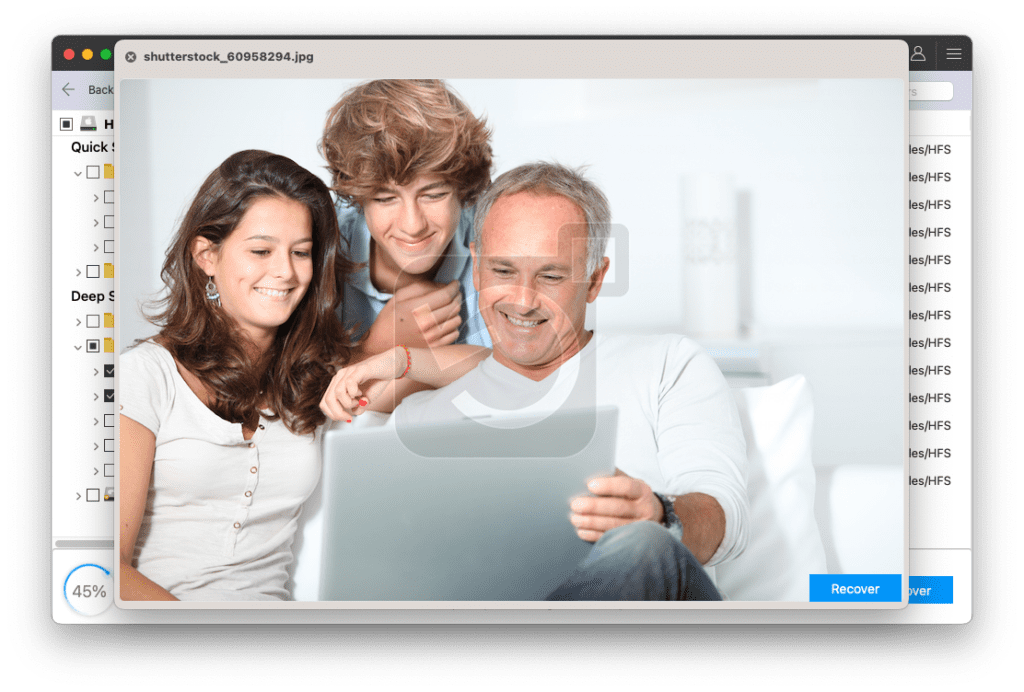 Preview of the recovered data