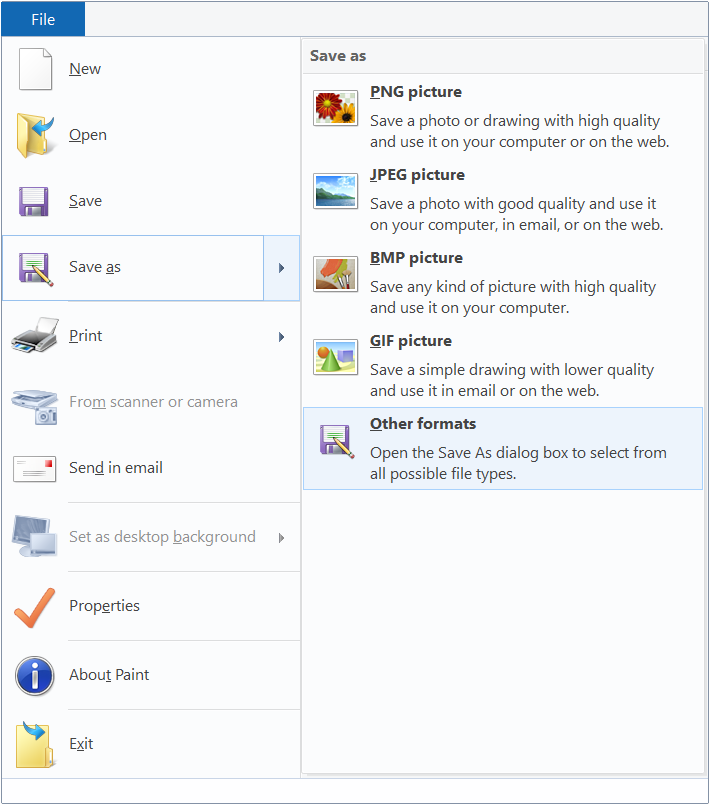 Open JPEG file in Paint and click Save As to other format
