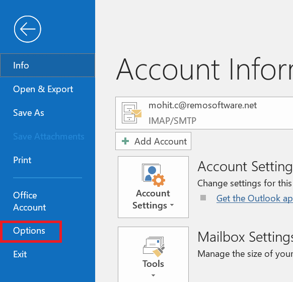 access-outlook-options