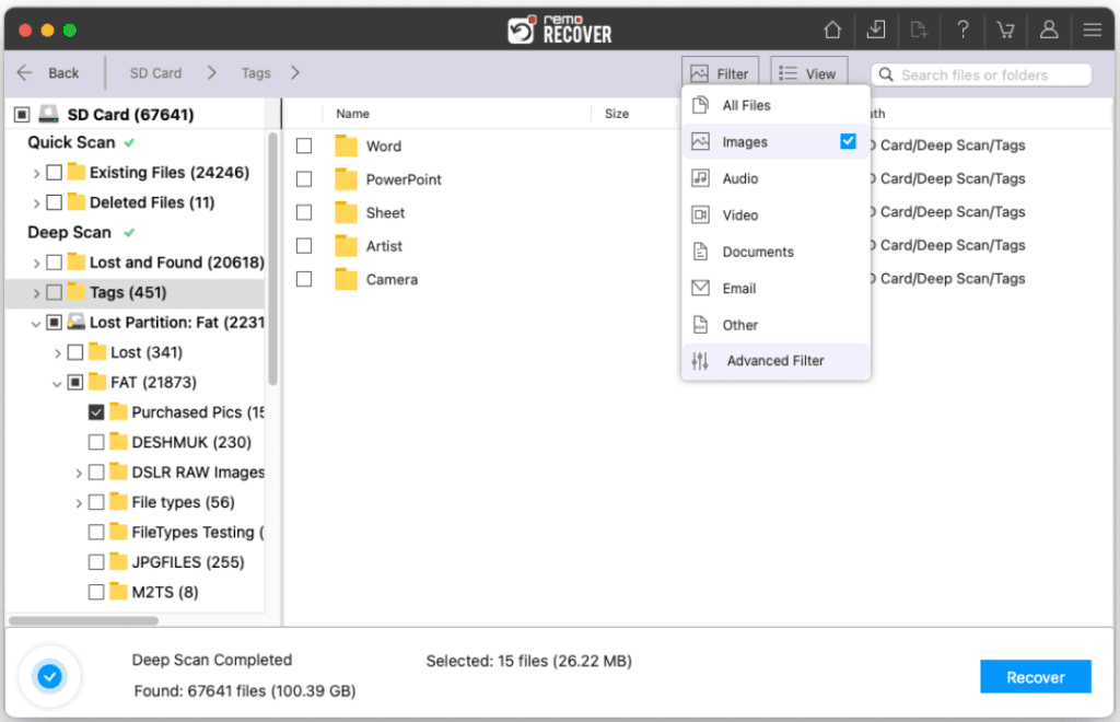 filter the recovered data from the Mac SD card