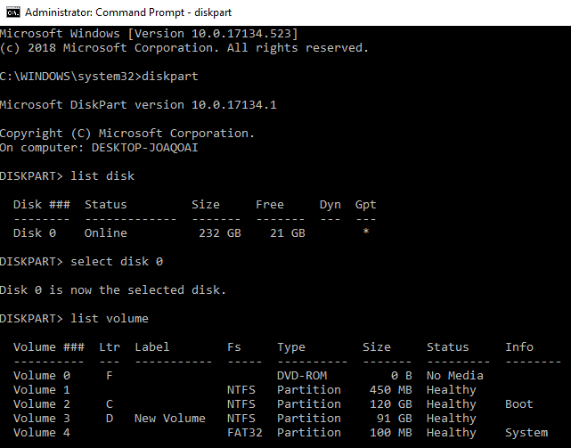 screenshot of performing diskpart to recover data from deleted partition