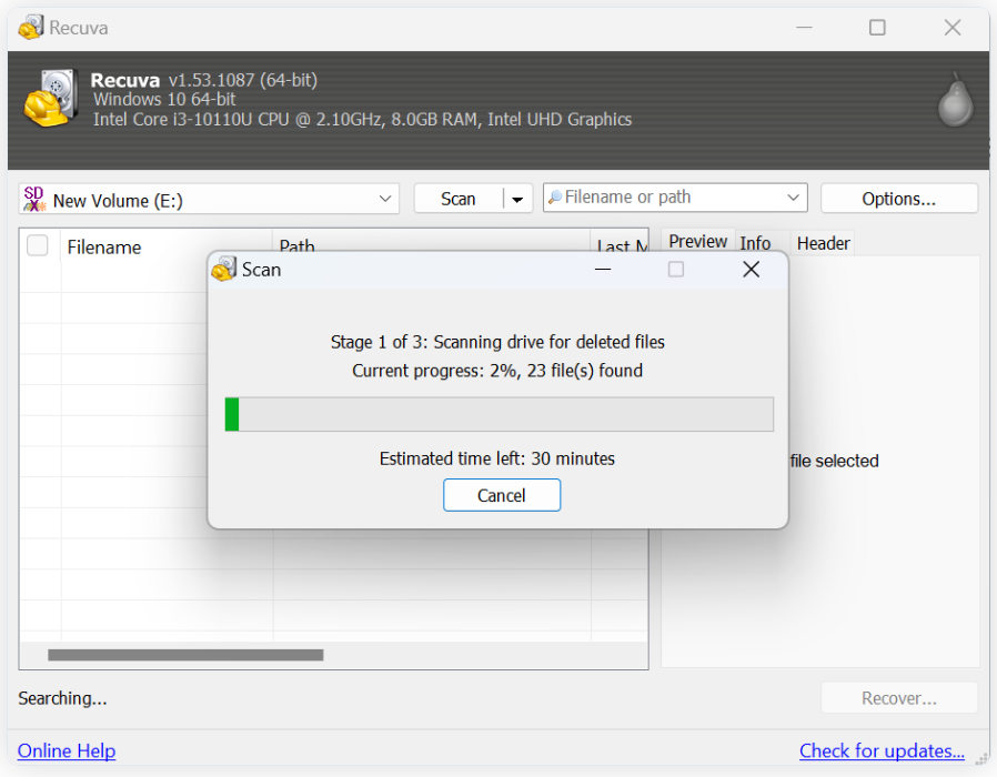 click on the recover button and the tool starts scanning for the data
