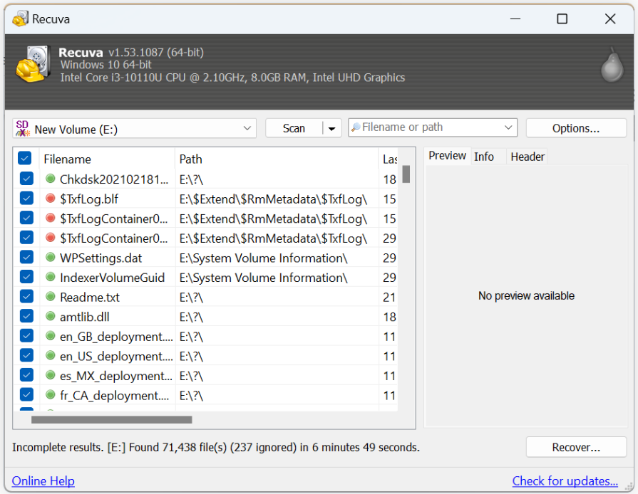 after completion of the entire scan recuva will display a list of all recovered files
