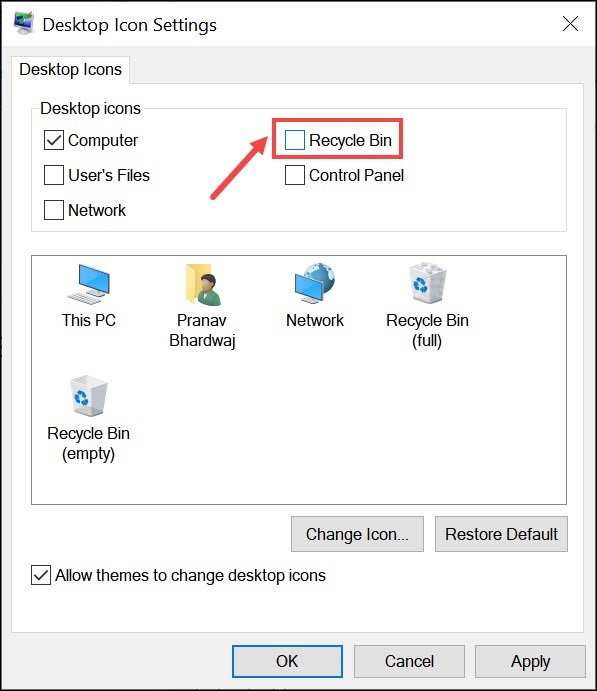 recycle bin on desktop icon settings