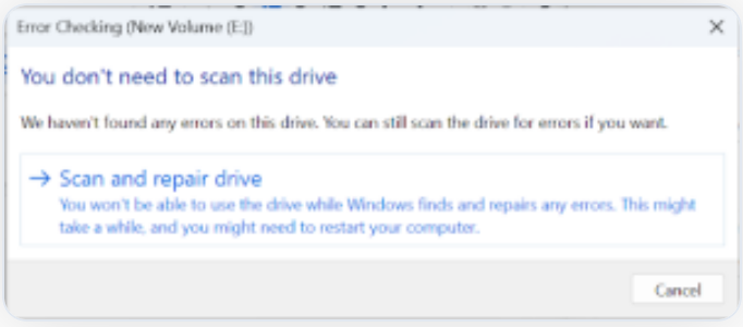 scan and repair drive using the error checking tool