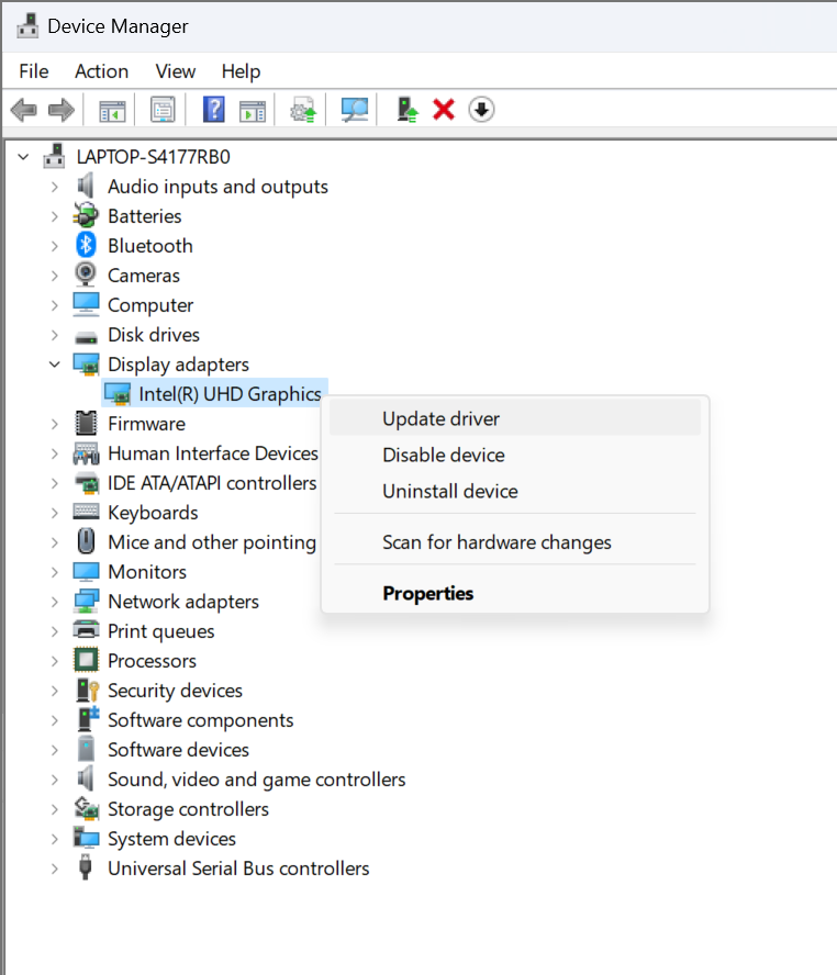 click on the update driver option to update the outdated or incompatible drivers