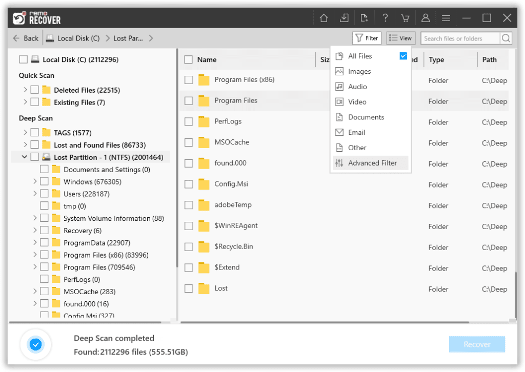 list of all recovered files from the selected drive 