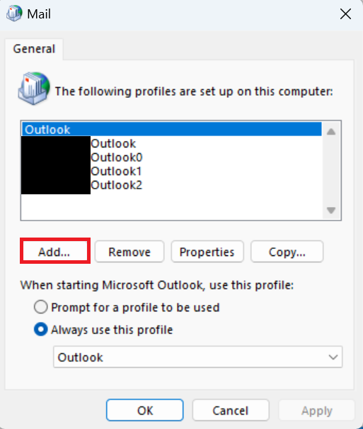Add new Outlook profile