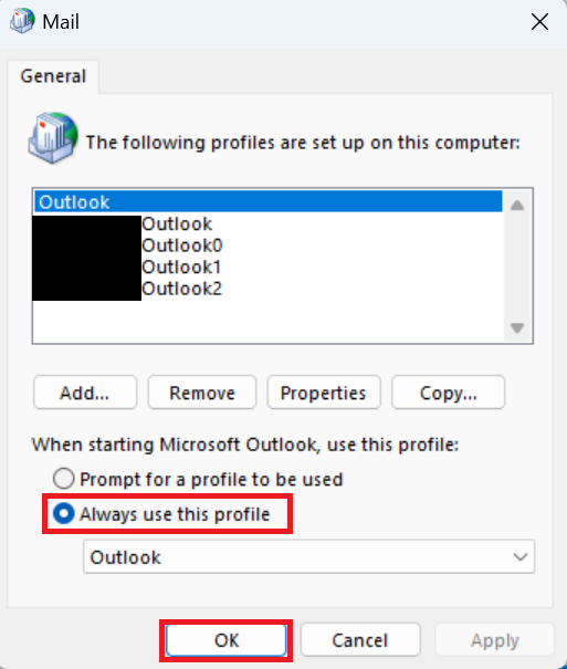 Make your newly created Outlook profile as primary profile