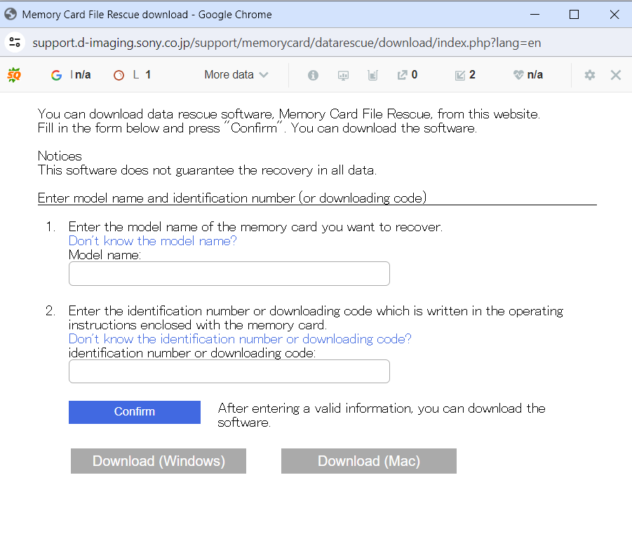 enter the details in memory card file rescue download window