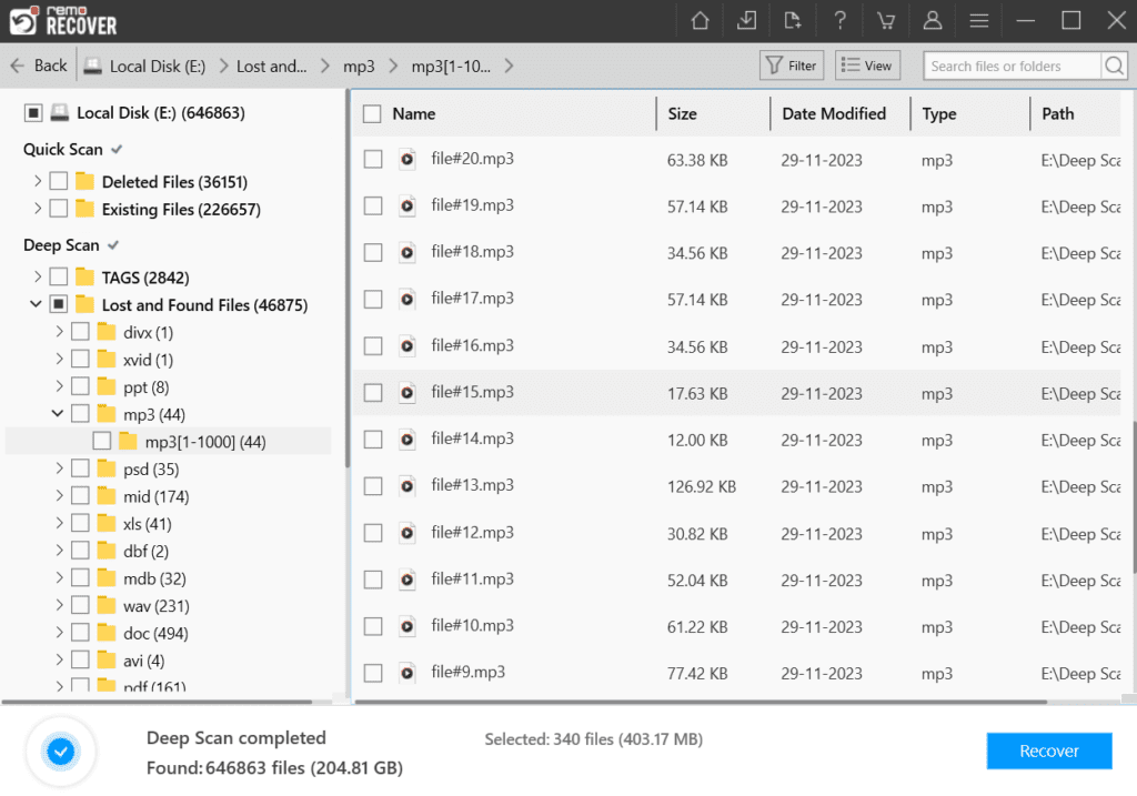 locate from the recovered data