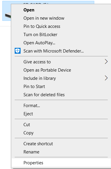 right-click on the SD card