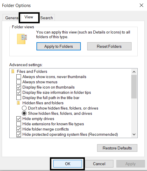 Click on Show hidden files, folders or drives and OK