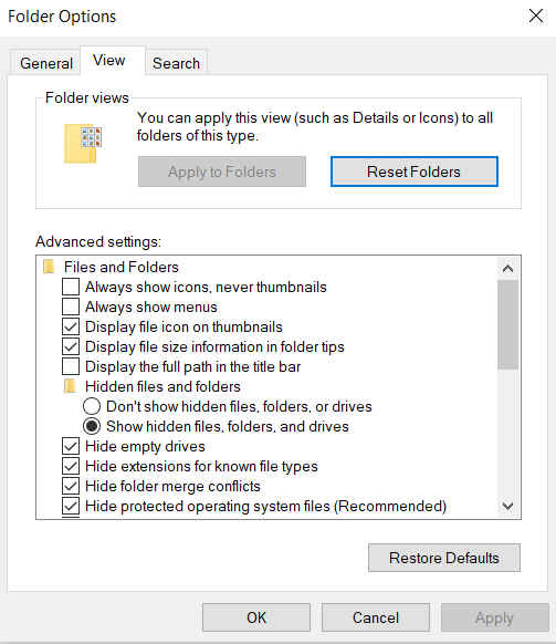 select show hidden files, folders, or drives.