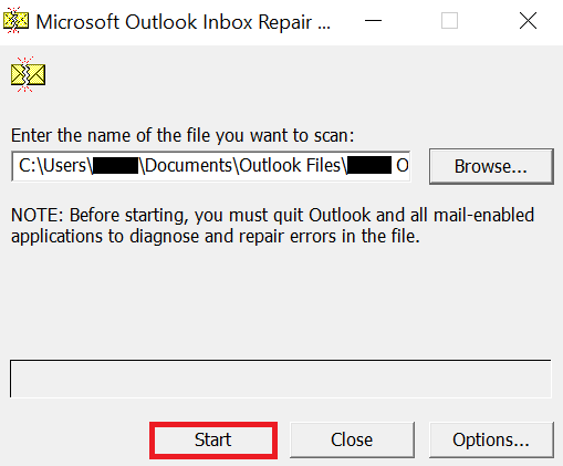 begin scanning for Outlook PST file problem