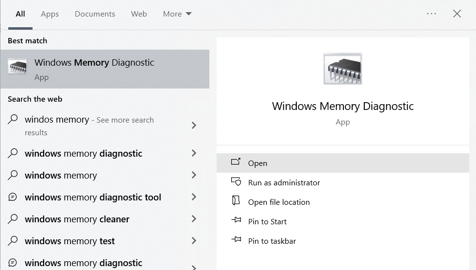 Open Windows memory diagnostic