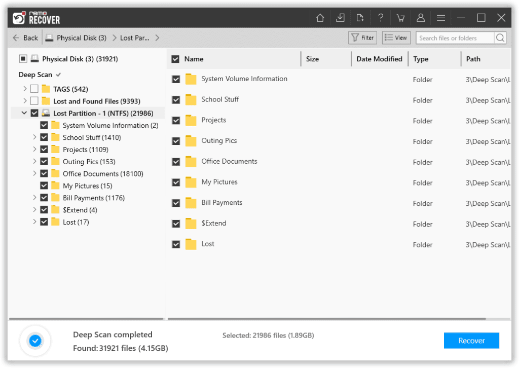 check the lost partition and existing files folders