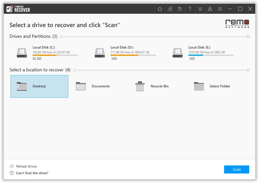 select the location from where you want to recover deleted files from Windows server