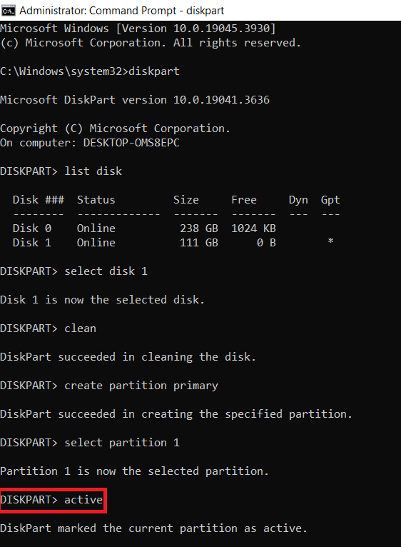 Set the partition as active