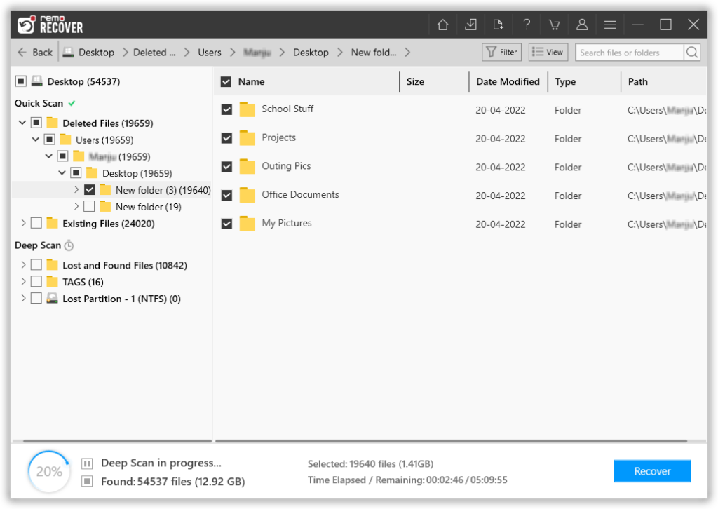a list of all recovered files deleted after disk cleanup