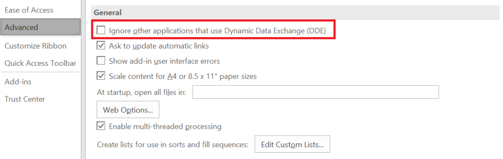 uncheck the  Ignore other applications that use Dynamic Data Exchange (DDE) option