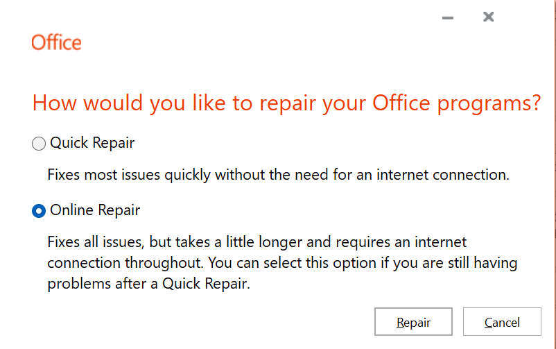 click on online repair to fix excel not opening in windows 11 