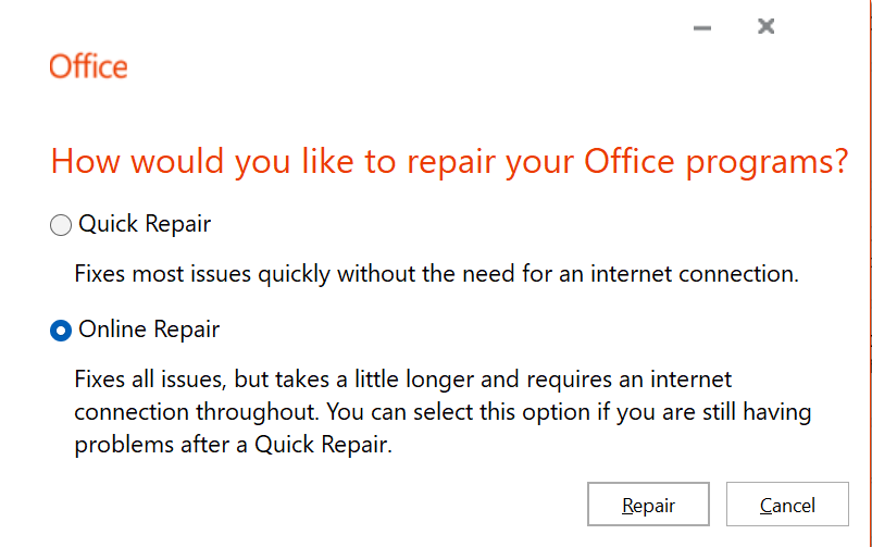click on online repair to fix excel not opening in windows 11