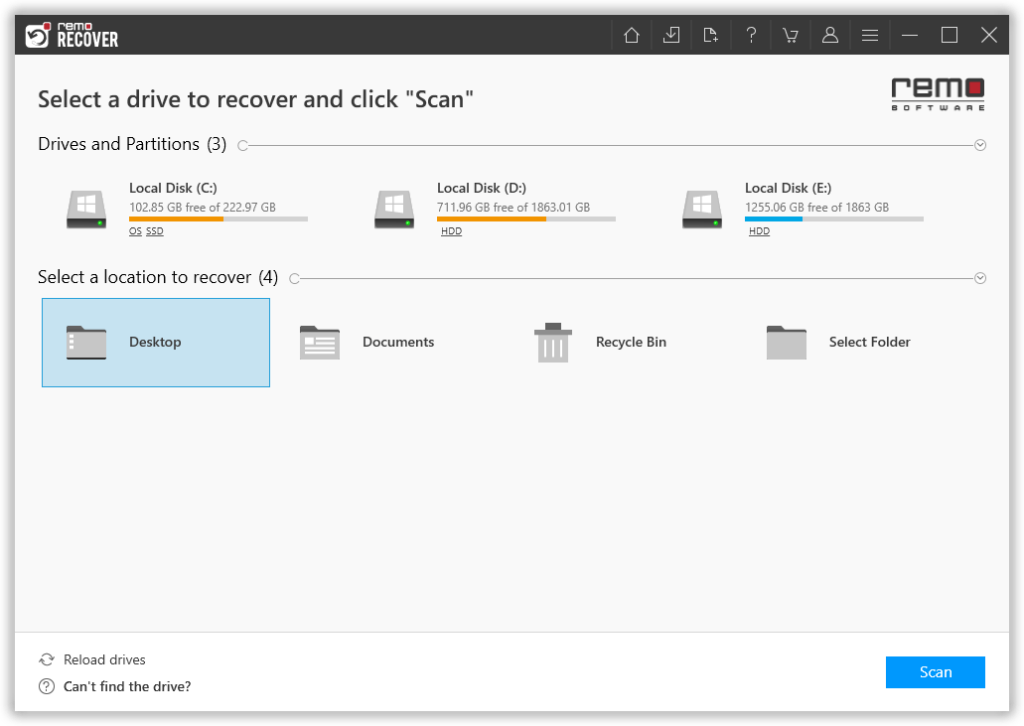 select the drive or the folder from where the earlier saved files got deleted by disk cleanup