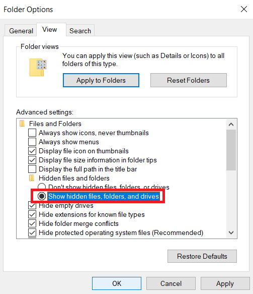 click on show hidden files, folders and drives