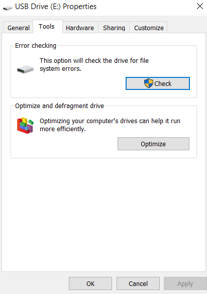 use the in-built error checking tool to fix files disappeared from flash drive issue