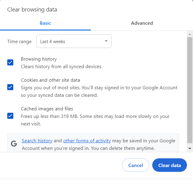 clear the browsing history and cache