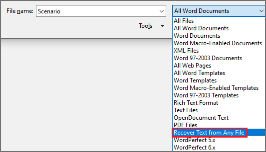 Recover Text from Any File option