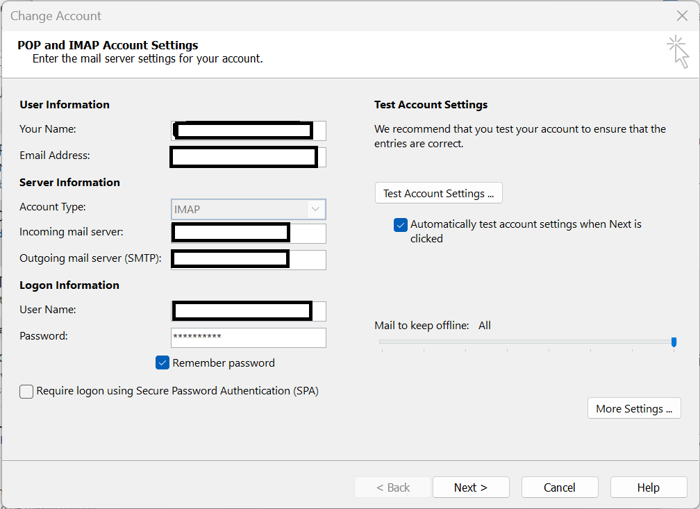 Setting up incoming mail server in Outlook POP3 account