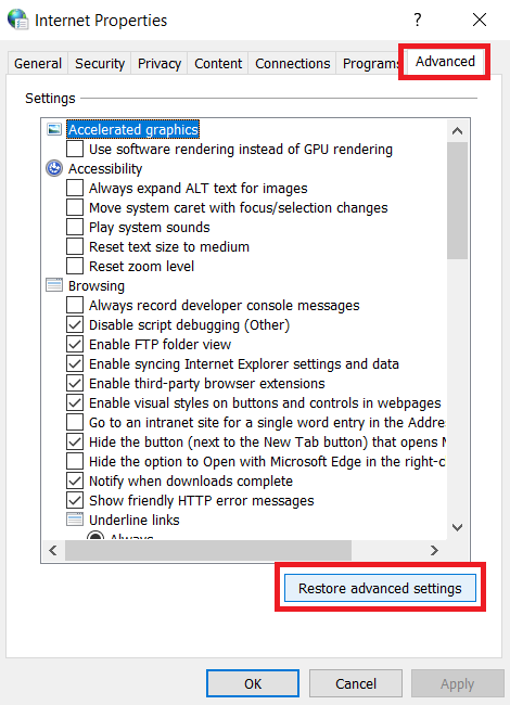 Restore the advanced settings to restore connectivity 
