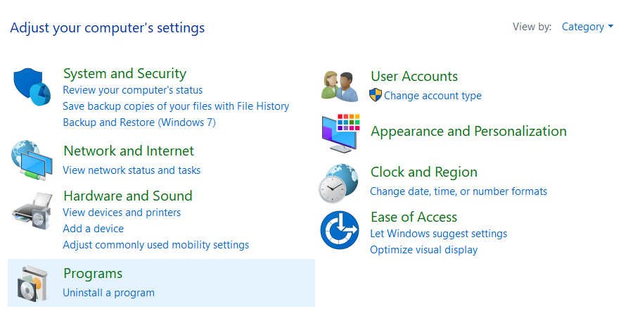open programs options in control panel