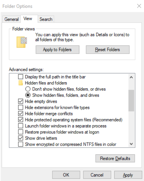 select show hidden files, folders and drives