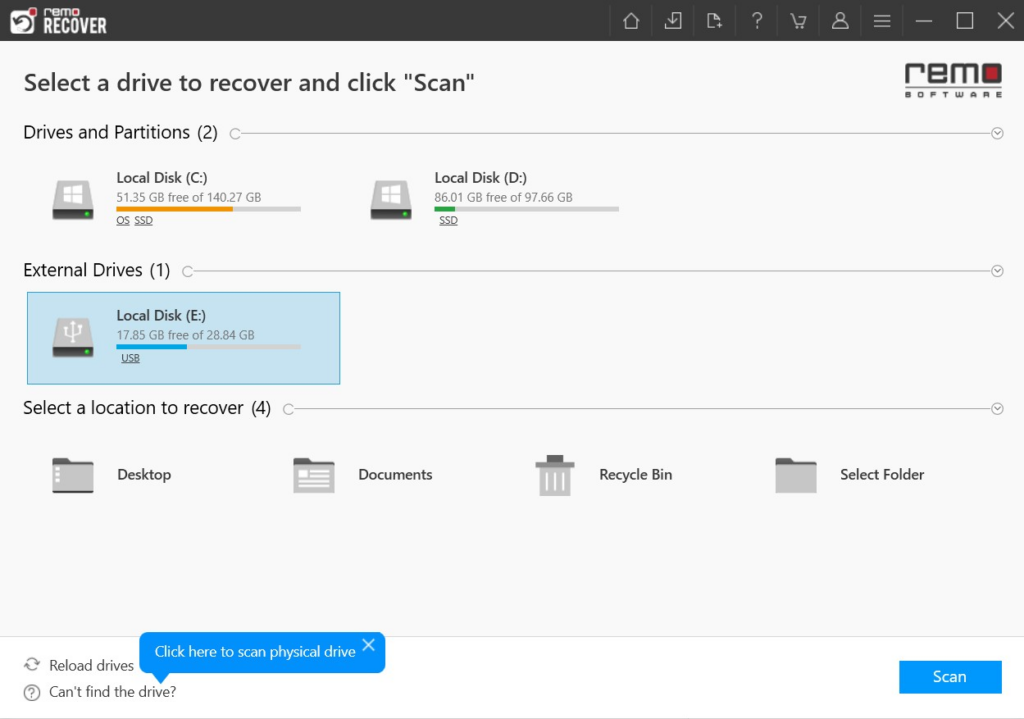 select the external hard drive to recove data