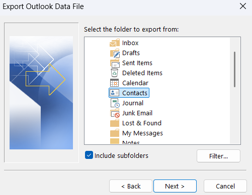 Sélectionnez le dossier Contacts à exporter