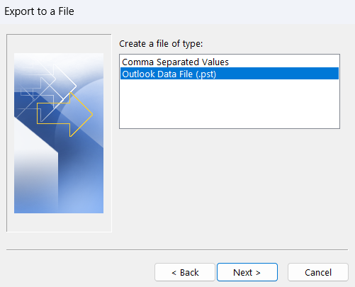 Sélectionnez l'option de fichier de données Outlook